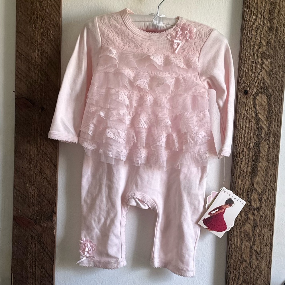 New Biscotti 6m Baby Girl Ruffle Lace front jumpsuit romper outfit elegant